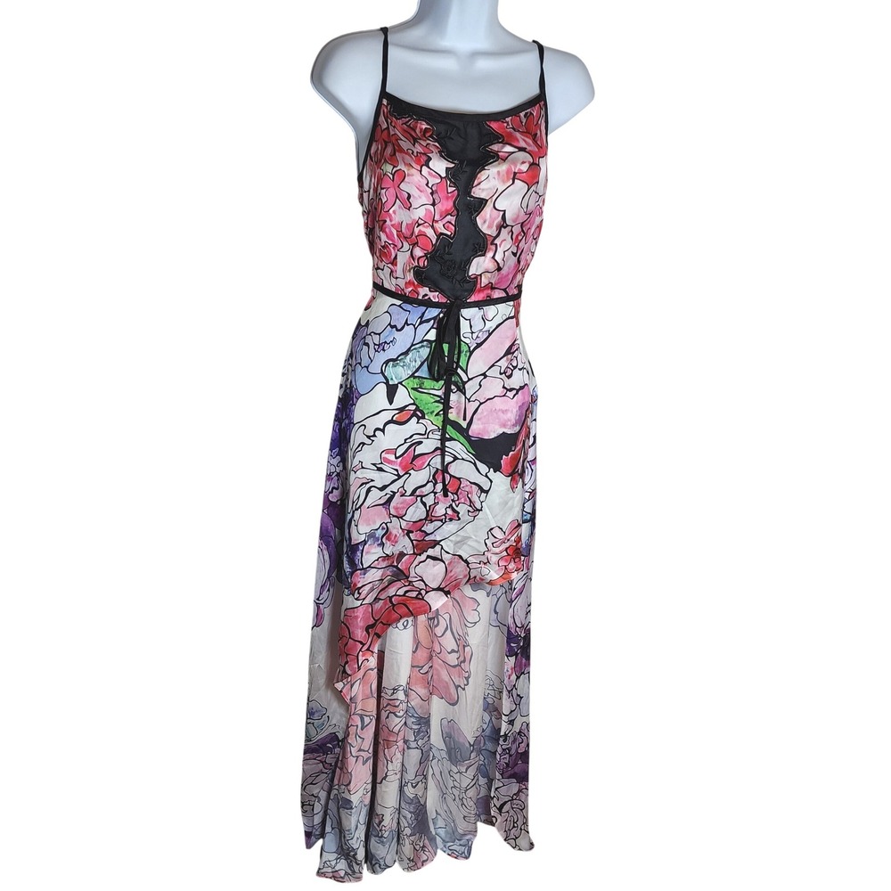 Unbranded 100% Silk Floral High-Low Maxi Dress Pink Blue Black Lace Trim Large